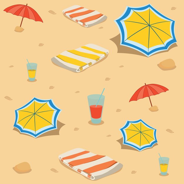 Patrón de verano sin costuras Paraguas de playa y toalla con bebida en vaso sobre arena Estilo de diseño plano