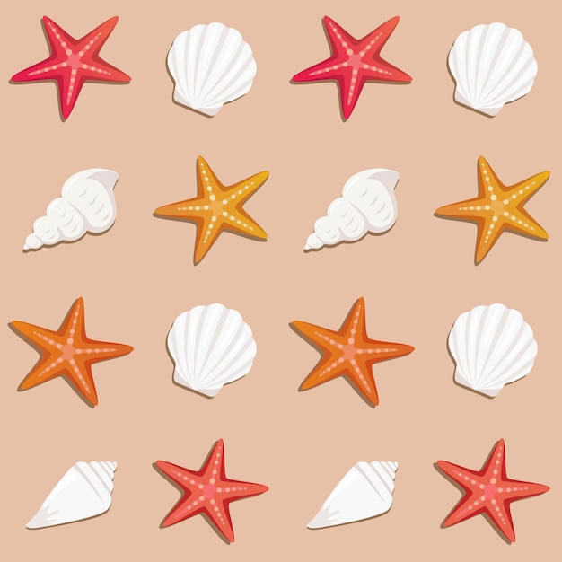 Patrón de verano sin costuras vectorial con estrellas de mar y conchas