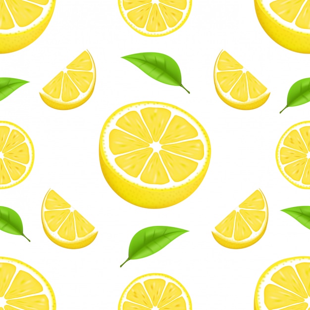 Patrón de verano con limones y hojas. Diseño de textura perfecta. Naranja jugosa con rodaja y hojas. Frutas cítricas frescas enteras y mitades ilustración aislada