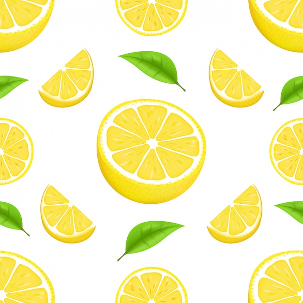 Vector patrón de verano con limones y hojas. diseño de textura perfecta. naranja jugosa con rodaja y hojas. frutas cítricas frescas enteras y mitades ilustración aislada