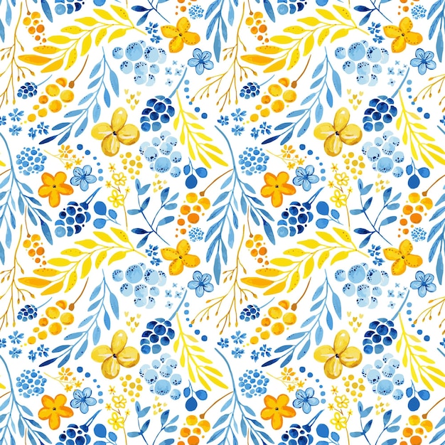 Patrón de verano de ramitas de flores y hojas de vector de acuarela azul y amarillo