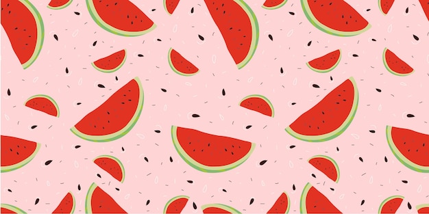 Patrón de verano de rebanadas y semillas de sandía sobre un fondo rosado