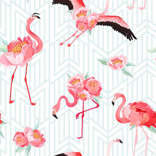 Patrón de verano tropical Flamingo vector transparente con flores de peonía y fondo Art Deco. Gráfico floral y de aves para papel tapiz, página web, textura, textil, telón de fondo