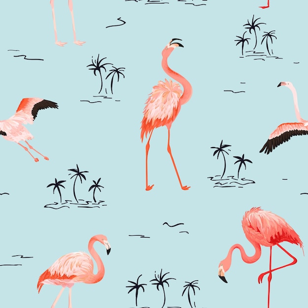 Patrón de verano tropical Flamingo vector transparente con palmeras tropicales. Fondo de aves para fondos de pantalla, página web, textura, textil.