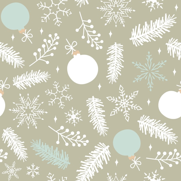Patrón verde sin costuras de ramas de abeto copos de nieve y juguetes navideños Ilustración vectorial navideña