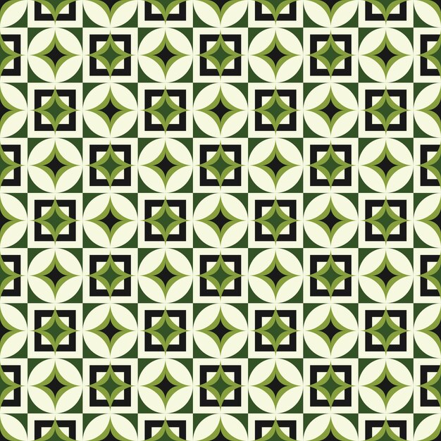Patrón verde geométrico con cuadrados y círculos