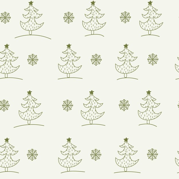 Patrón verde con líneas de árboles de estrellas y copos de nieve de doodle Textura de invierno textil niño