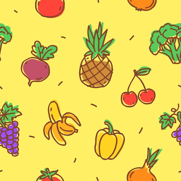 Patrón verduras y frutas doodle Patrón sin costuras Dibujado a mano Ilustración vectorial