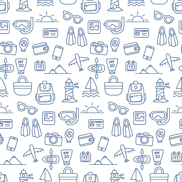 Patrón de viaje sin costuras en estilo doodle con contorno azul incluye aletas de cámara de avión SPF bolsa de kayak mochila faro perfecto para tela niños diseño embalaje envoltura
