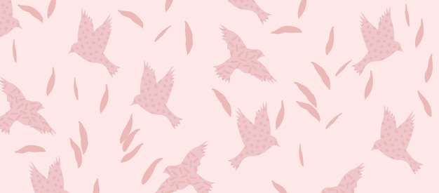 Patrón de vida silvestre rosa suave y femenino con palomas aves voladoras y hojas ilustración vectorial