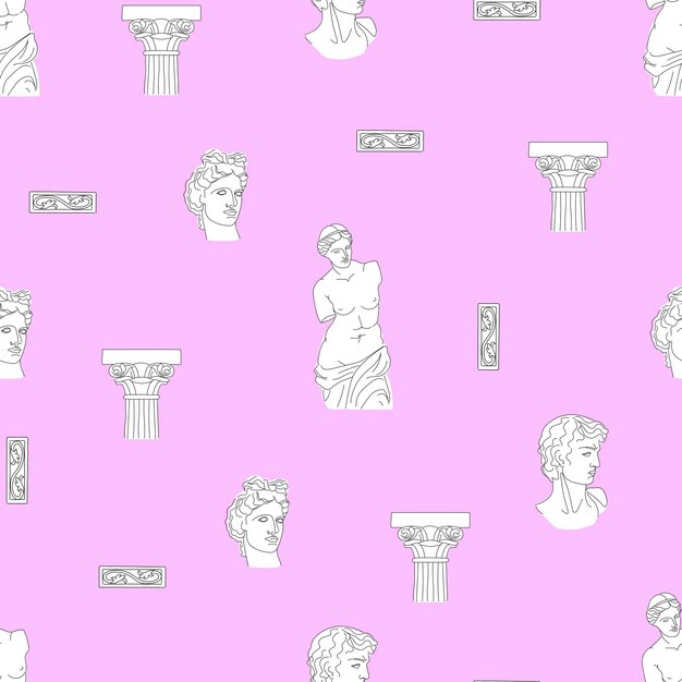 Vector patrón vintage sin costuras con estatuas antiguas sobre un fondo rosa