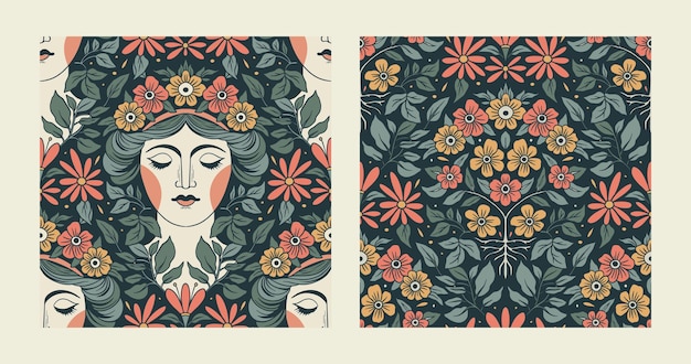 Patrón vintage Motivo étnico Conjunto floral Cara de mujer Flor sin costura Vector Estilo Boho Fondo folclórico