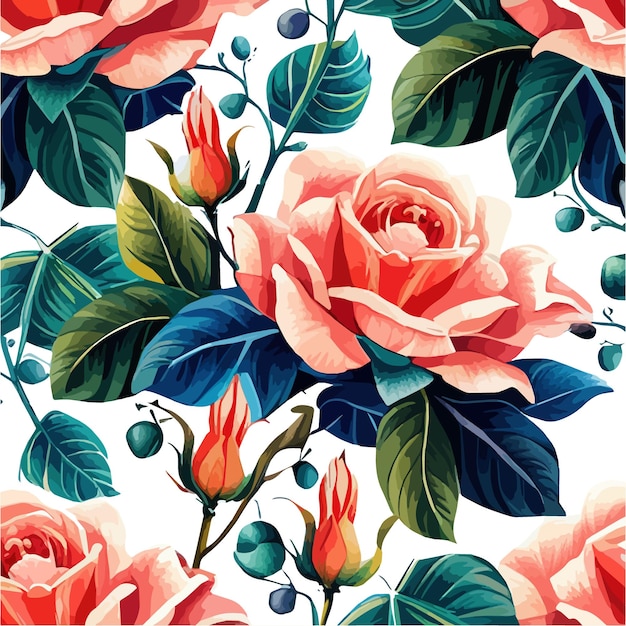Patrón vintage con rosas hojas ramas acuarela patrón sin costura linda ilustración vectorial en