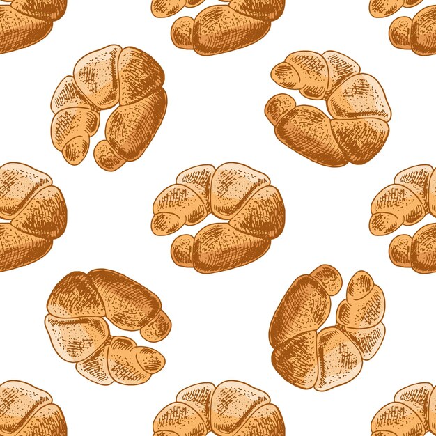 Patrón vintage y uniforme dibujado a mano de croissant en forma de luna creciente al estilo grabado, versión coloreada