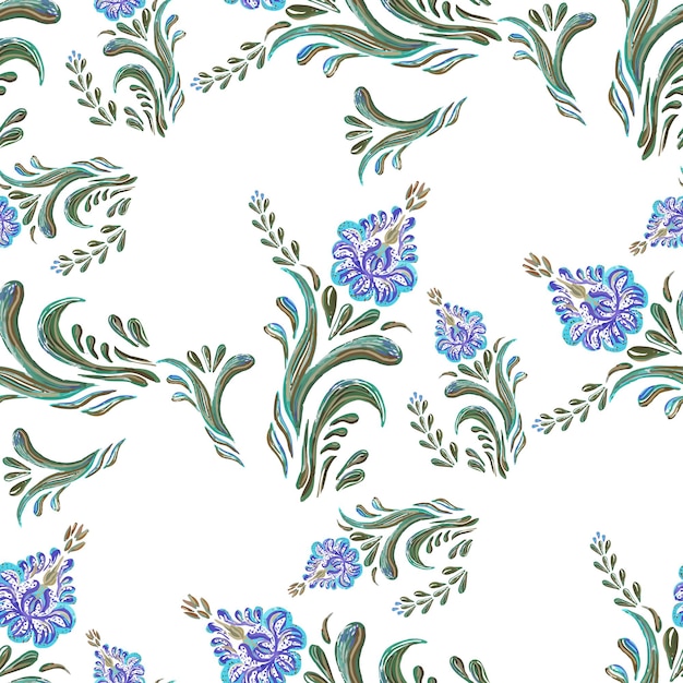 Patrón vintage vector transparente con flores azules sobre un fondo blanco