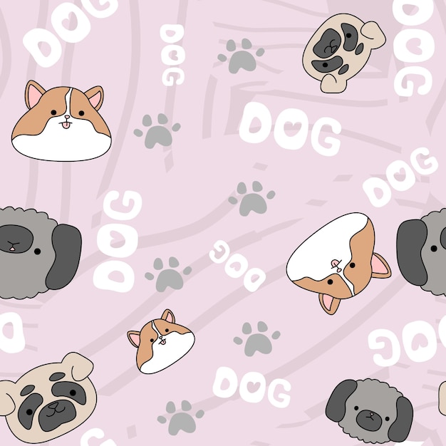 Patrón violeta con lindos perros felices divertidos Patas imprime fondo de texto y mascotas para niños