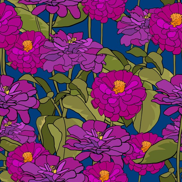 Patrón con zinnia común Flor de zinnia elegante púrpura sobre fondo azul oscuro