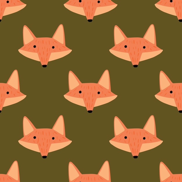 Patrón de zorro sin costuras en estilo a mano alzada. Cabeza de animales sobre fondo de colores. Ilustración vectorial para estampados textiles, telas, pancartas, telones de fondo y fondos de pantalla.