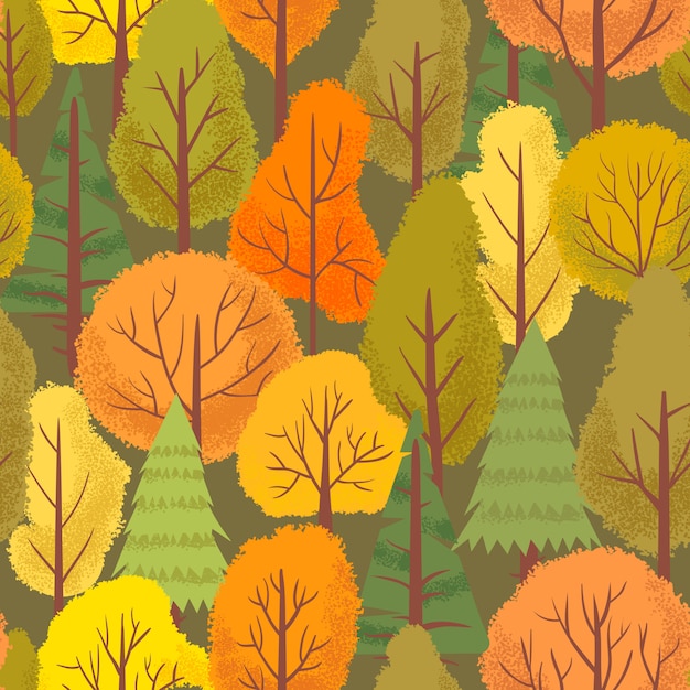 Patrones de árboles de bosque otoñal sin fisuras. Colorido árbol forestal, plantas de parque al aire libre y minimalista ilustración de fondo floral