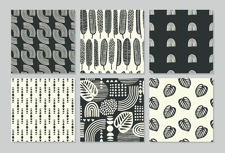 Vector patrones artísticos sin fisuras con hojas abstractas y formas geométricas.
