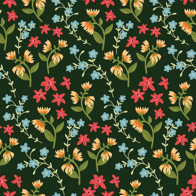 Patrones botánicos sin fisuras en estilo vintage. pequeñas flores simples sobre un fondo oscuro. cubierta de vector floral.