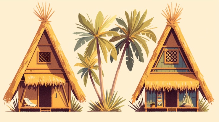 Vector patrones de cabañas nipa filipinas con elementos tradicionales de la casa