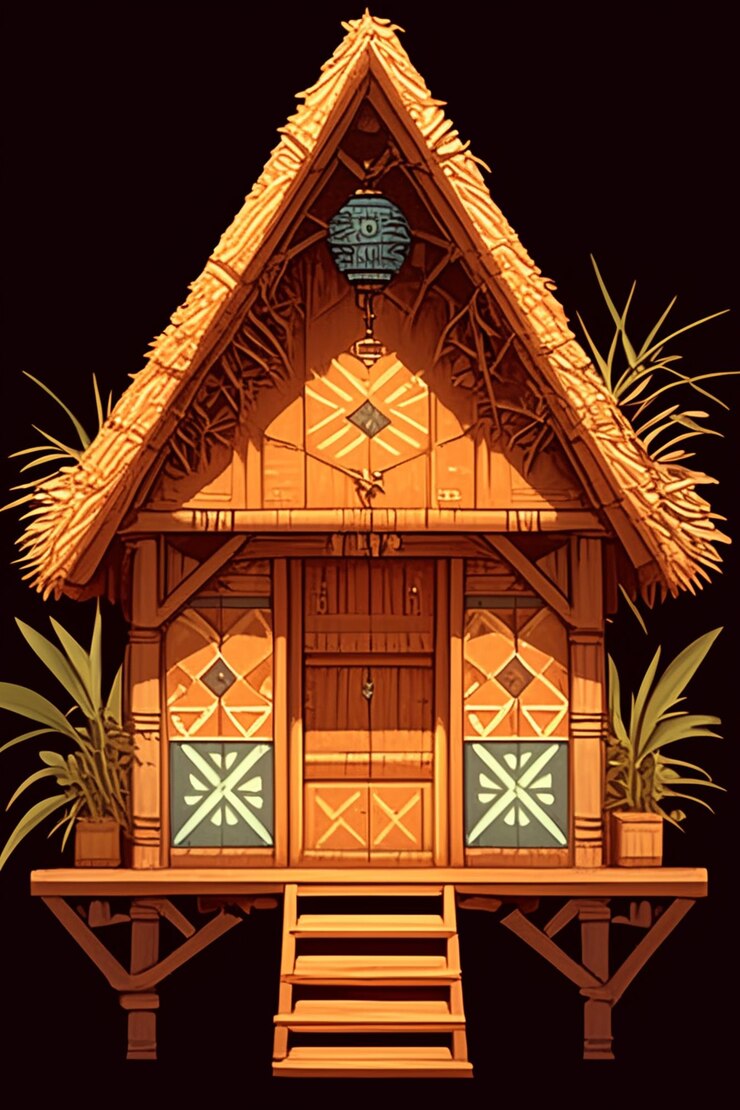 Vector patrones de cabañas nipa filipinas con elementos tradicionales de la casa