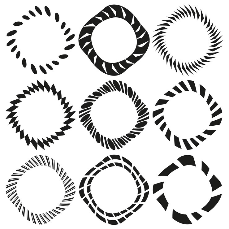 Vector patrones de círculos concéntricos anillos vectoriales abstractos diseños de líneas en espiral elementos decorativos gráficos