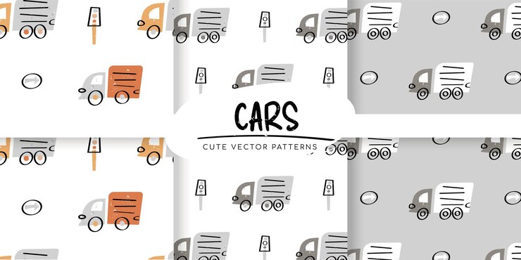 Vector patrones sin costura con coches garabateados y señales de tráfico impresión de tela para niños papel rendigital