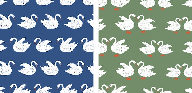 Patrones sin costuras de cisnes blancos dibujados siluetas fondos vectoriales tela de papel