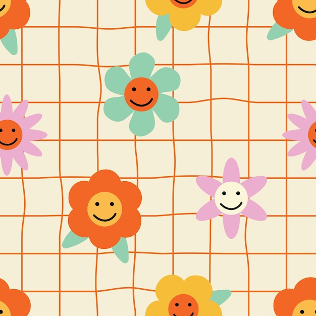 Patrones sin costuras flores groovy coloridas y caras sonrientes 70s 80s 90s vibraciones fondo a cuadros emoji de margarita y camomila abstractos en cuadrados