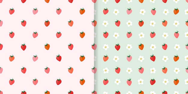 Patrones sin costuras de fresa conjuntos de frutas papel tapiz de fondo simple diseño vectorial
