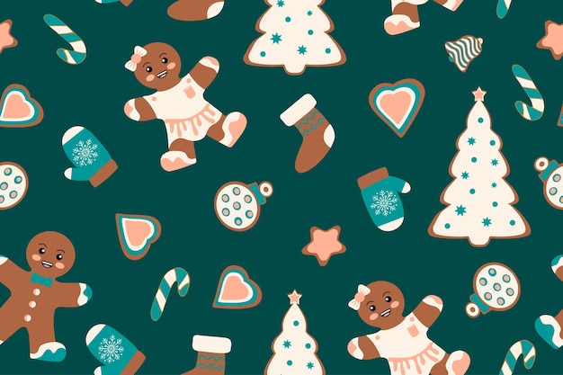 Patrones sin costuras de invierno con galletas de pan de jengibre Fantástico fondo vectorial de vacaciones