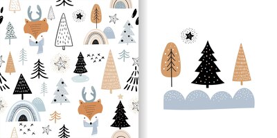 Vector patrones sin costuras de invierno navideño para niños con lindo diseño de temporada de zorros para tela