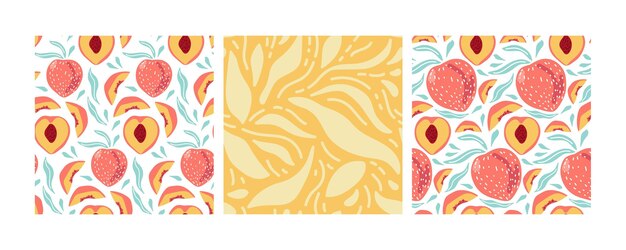 Patrones sin costuras con melocotones rosados y formas abstractas Conjunto de tres fondos vectoriales repetidos para el menú papel tapiz de envoltura papel de embalaje textil Mercado de agricultores Comida vegana Fruta dibujada a mano