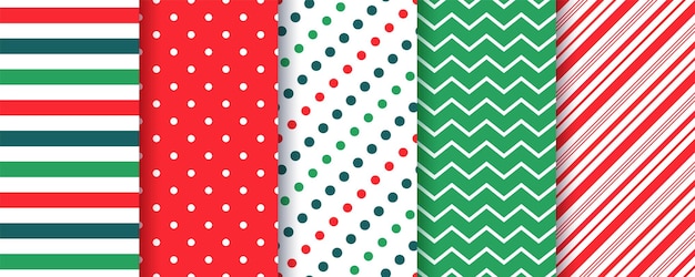 Patrones sin costuras de Navidad Navidad Año Nuevo Texturas establecidas con rayas puntos polcas en zigzag