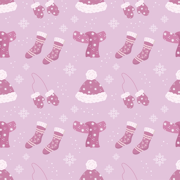 Patrones sin costuras, sombreros y bufandas de punto rosados con decoraciones de copos de nieve, fondo rosado de Navidad