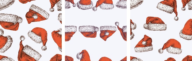 Patrones sin costuras de sombreros de Papá Noel bocetos de fondo vectorial envoltura de papel