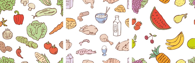 Patrones sin costuras de varios productos alimenticios dibujados productos lácteos y cárnicos frutas verduras vector