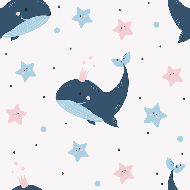 Patrones sin costuras con vida marina Linda ballena azul y divertidas estrellas de mar sobre fondo claro