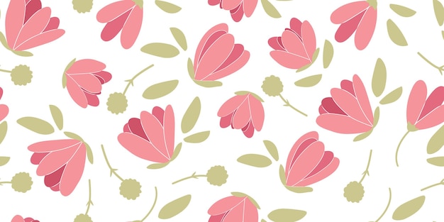 Patrones dibujados a mano sin costuras de magnolia rosa en una rama. Fondo, papel tapiz. Planta de dibujos animados púrpura. Ilustración de vector de color de una flor asiática. Para estampados textiles o papel de regalo.