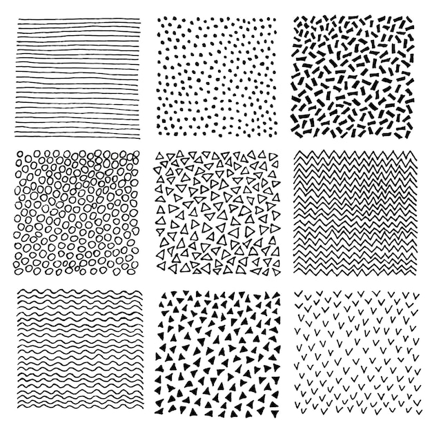 Patrones dibujados a mano Establezca patrones texturizados para su diseño Líneas dibujadas a mano polka punto shevron pájaros ondas patrones fondos vectoriales en blanco y negro para tarjetas volantes pancartas