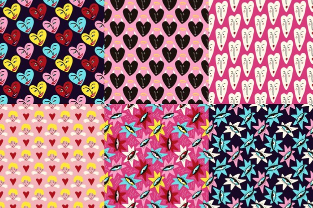Patrones divertidos vibrantes y frescos para el Día de San Valentín Patrones sin costuras con corazones de amor juguetones y frescos