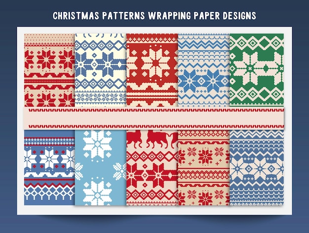 Patrones festivos de Navidad Diseños de papel de envoltura con árboles Regalos y medias