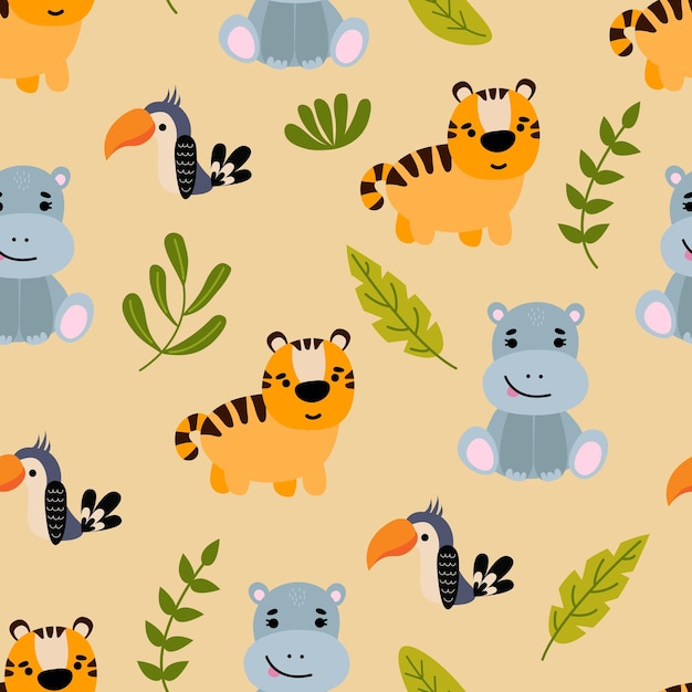Patrones sin fisuras con animales dibujados a mano Tigre hipopótamo y tucán Diseño para la guardería