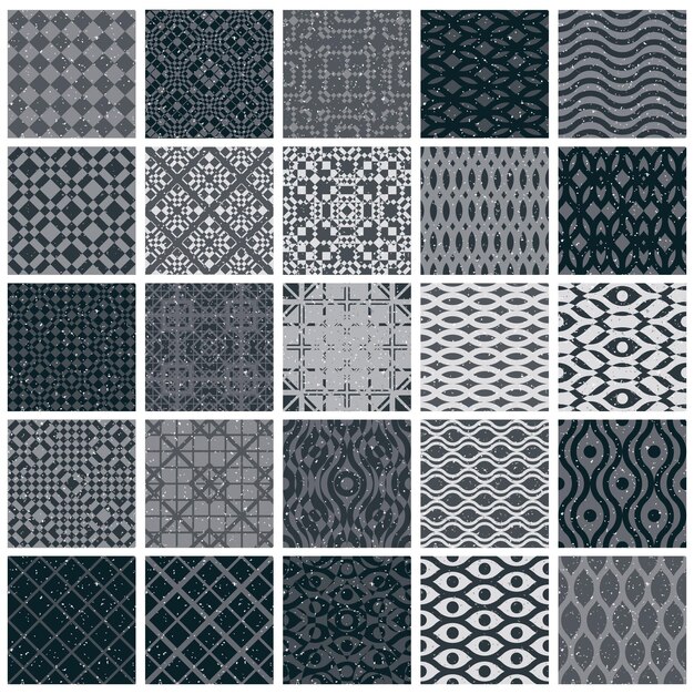 Patrones sin fisuras de azulejos antiguos, conjunto de vectores de 25 diseños monocromáticos.