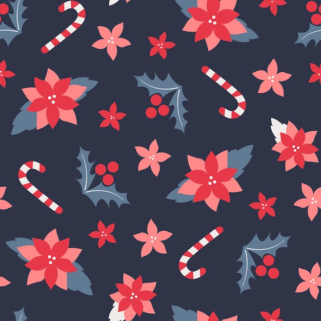 Patrones sin fisuras con bastones de poinsettia y caramelo