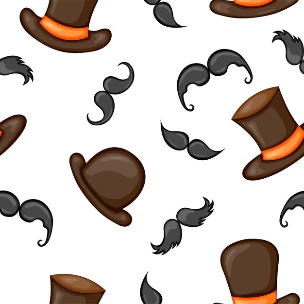 Patrones sin fisuras con bigotes y sombreros. Estilo de dibujos animados.