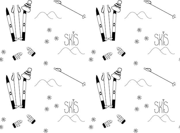 patrones sin fisuras en blanco y negro deportes de invierno esquí copos de nieve y montañas