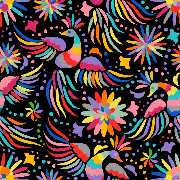 Vector patrones sin fisuras de bordado mexicano. patrón étnico colorido y adornado. fondo oscuro de pájaros y flores. fondo floral con adornos étnicos brillantes.